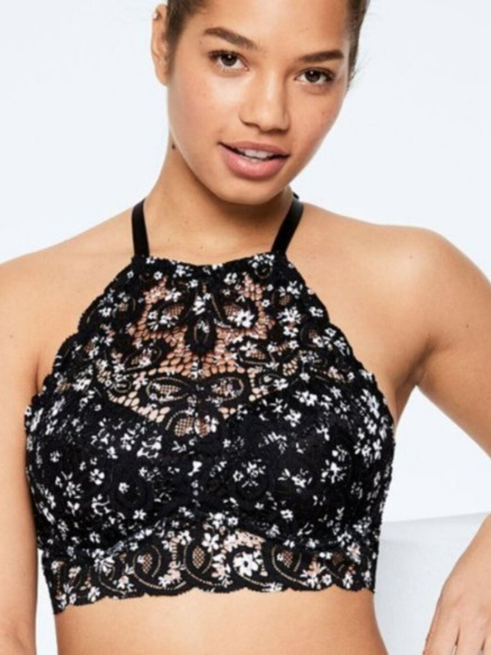 Victoria's Secret PINK Bra Large Black White Floral Lace High Neck Push Up